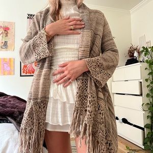 brown and tan knit and crochet asymmetrical cardigan